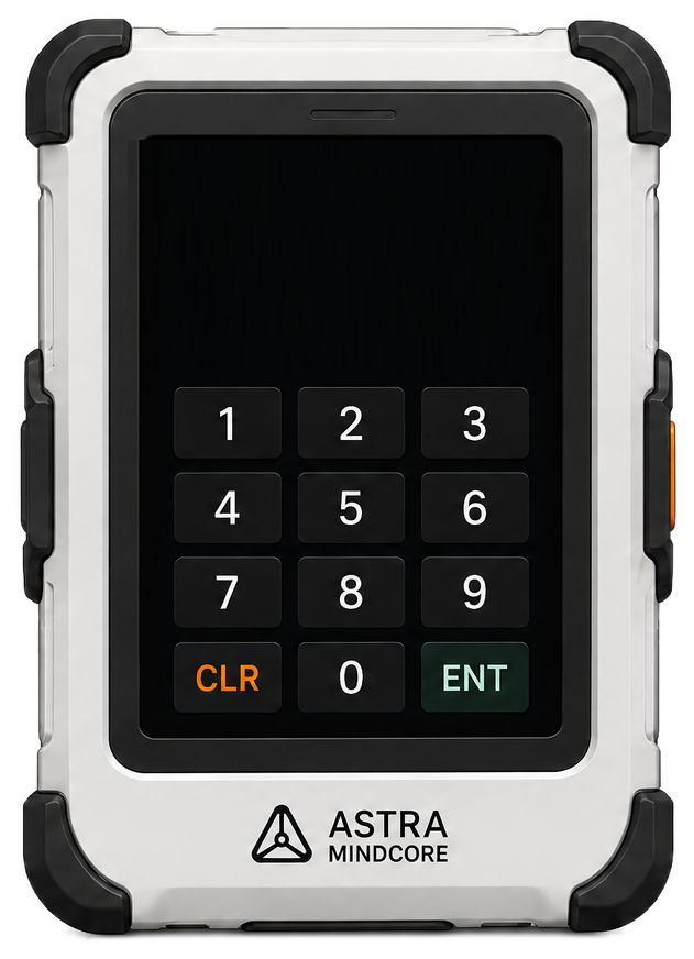 ASTRA MINDCORE device, front view showing the mental math assessment screen